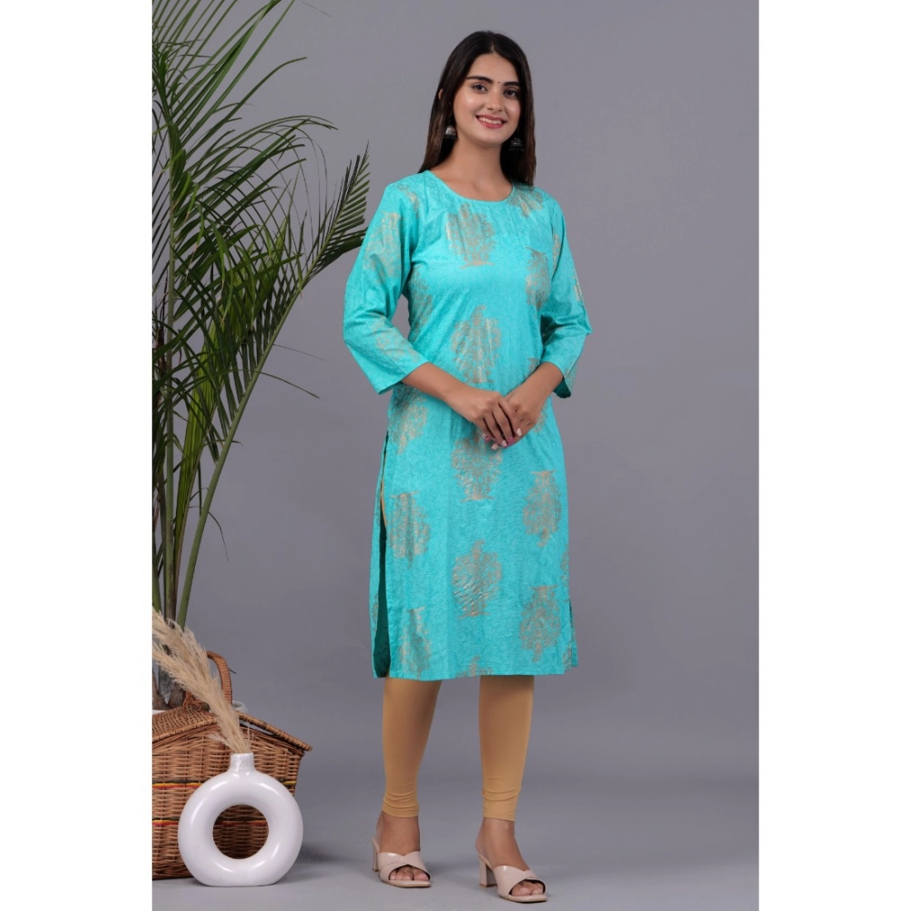 Women's Casual 3/4 Sleeve Printed Rayon Kurti (Blue)