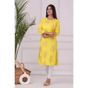 Women's Casual 3/4 Sleeve Printed Rayon Kurti (Yellow)