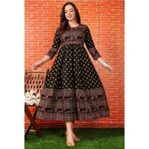 Women's Casual 3/4 Sleeve Printed Rayon Anarkali Gown (Black)
