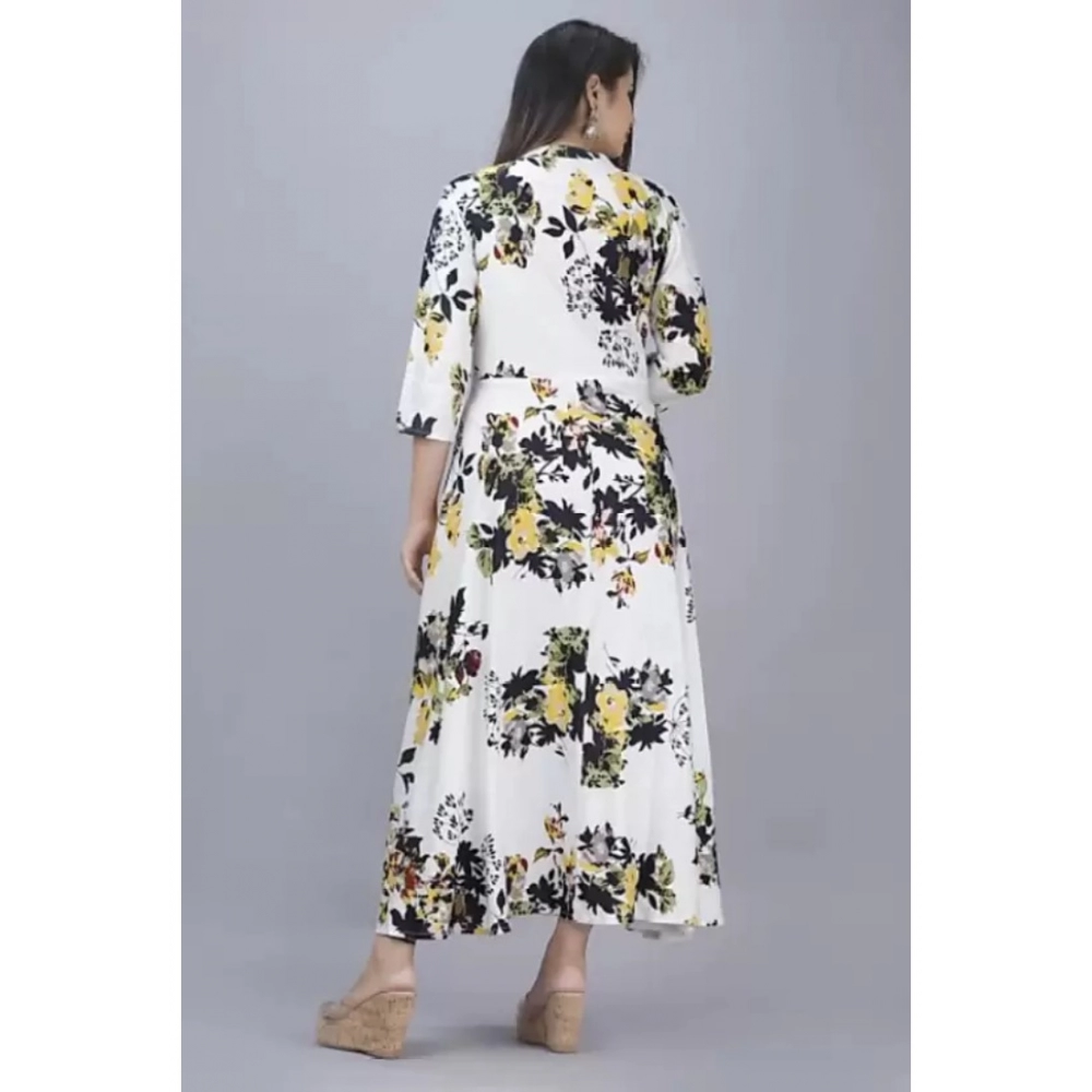 Women's Casual 3/4 Sleeve Printed Rayon Anarkali Gown (Yellow) - Image 3