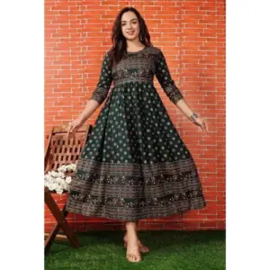 Women's Casual 3/4 Sleeve Printed Rayon Anarkali Gown (Green)