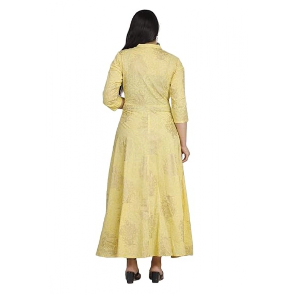 Women's Casual 3/4 Sleeve Floral Printed Rayon Anarkali Gown (Yellow) - Image 3