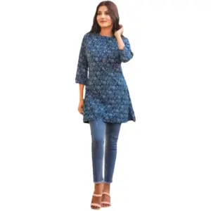Women's Casual 3/4 Sleeve Printed Rayon Top (Blue)