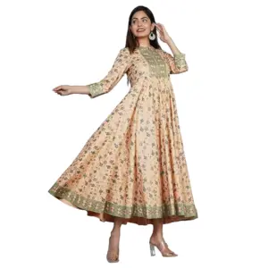 Women's Casual 3/4 Sleeve Printed Rayon Anarkali Gown (Peach)