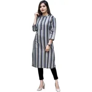 Women's Casual 3/4 Sleeve Strip Rayon Kurti (Grey)