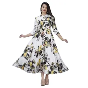 Women's Casual 3/4 Sleeve Printed Rayon Anarkali Gown (Yellow)