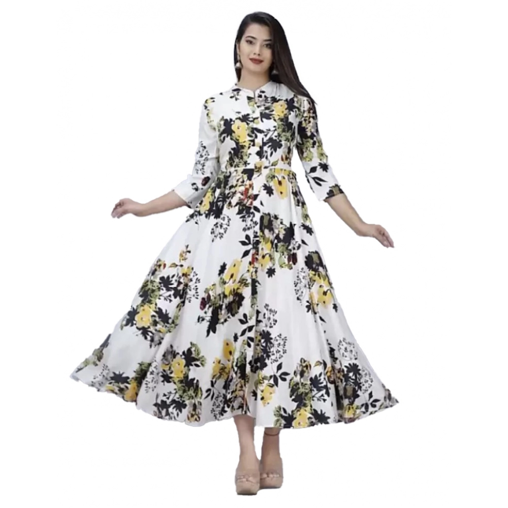 Women's Casual 3/4 Sleeve Printed Rayon Anarkali Gown (Yellow)