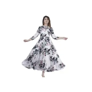 Women's Casual 3/4 Sleeve Printed Rayon Anarkali Gown (White)