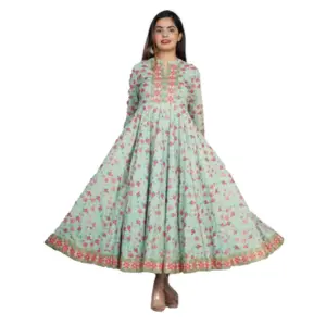 Women's Casual 3/4 Sleeve Printed Rayon Anarkali Gown (Pista Green)
