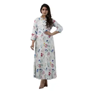 Women's Casual 3/4 Sleeve Printed Rayon Anarkali Gown (White)