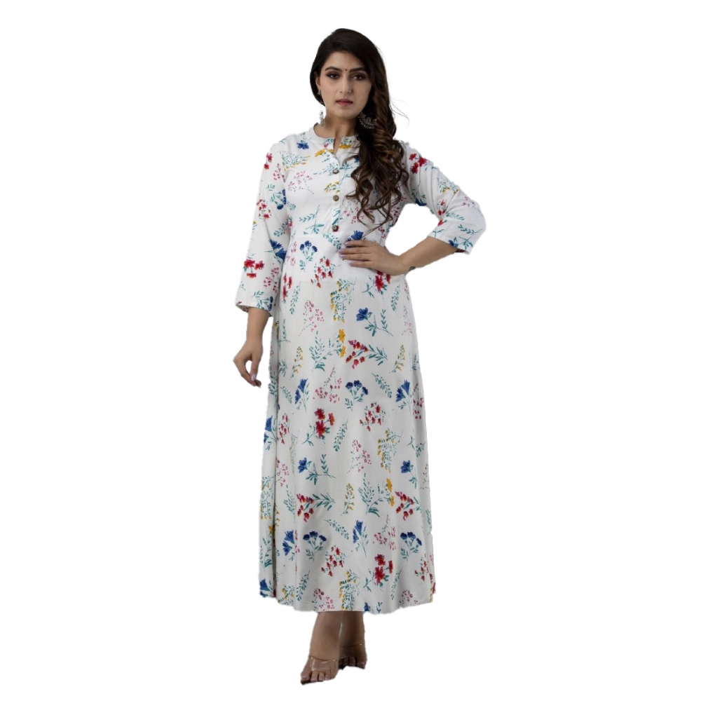 Women's Casual 3/4 Sleeve Printed Rayon Anarkali Gown (White)