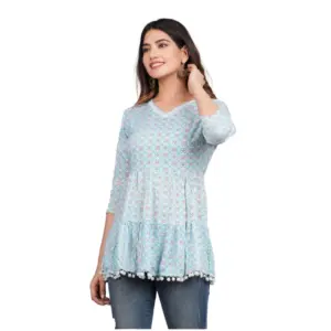 Women's Casual 3/4 Sleeve Printed Rayon Top (Blue)