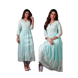 Women's Casual 3/4 Sleeve Embroidered Rayon Anarkali Gown (Blue)
