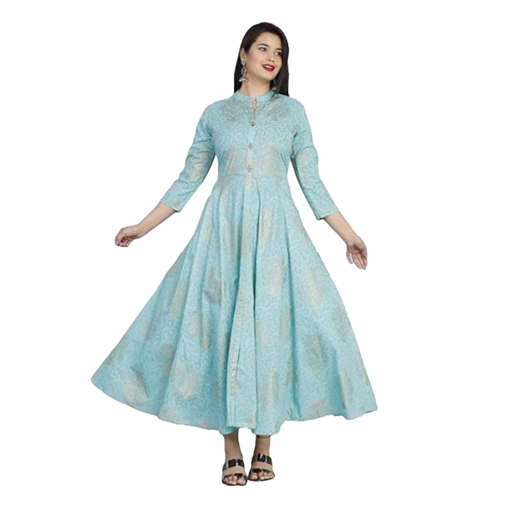 Women's Casual 3/4 Sleeve Floral Printed Rayon Anarkali Gown (Aqua Blue)