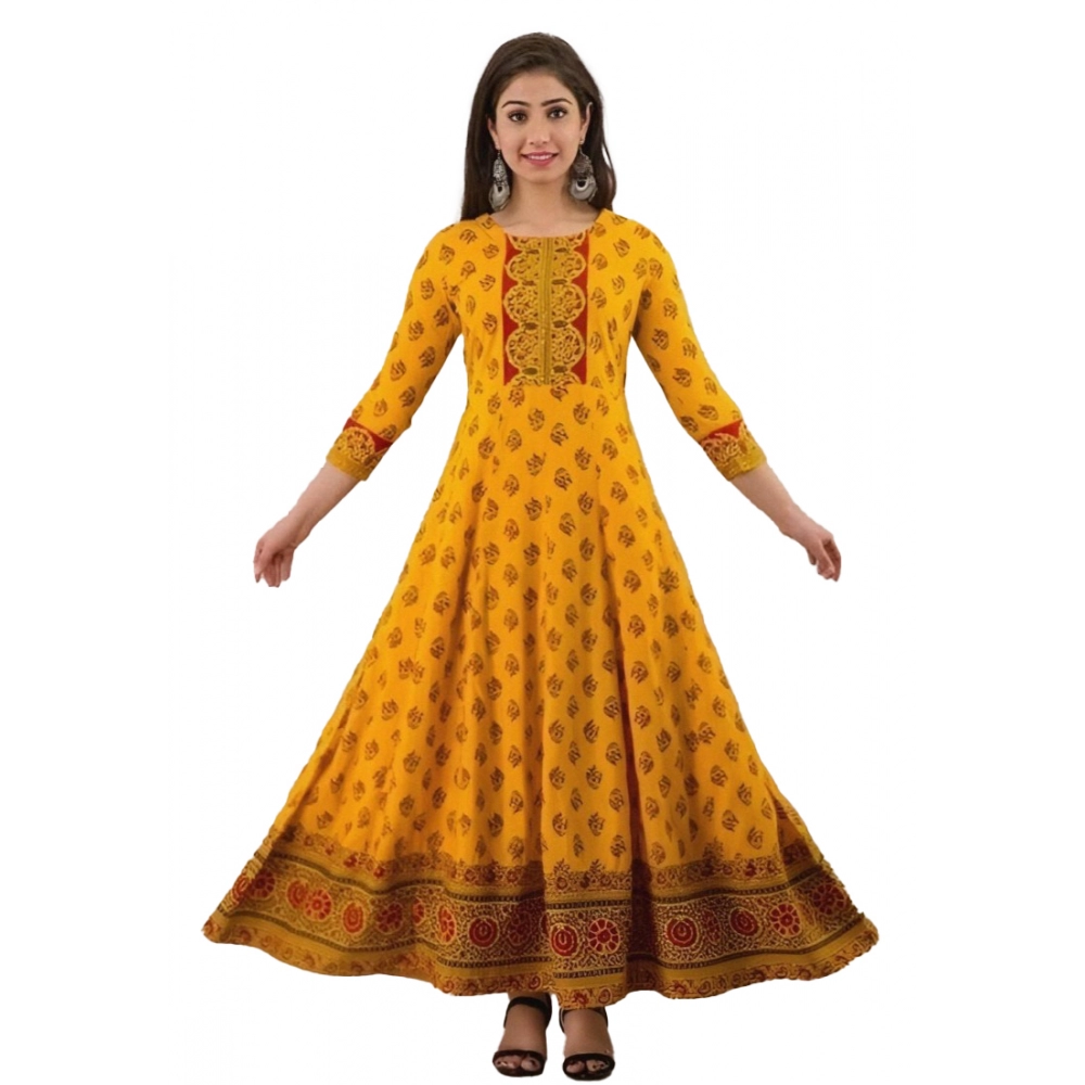 Women's Casual 3/4 Sleeve Printed Rayon Anarkali Gown (Yellow)