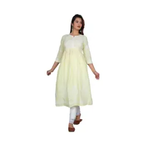 Women's Casual 3/4 Sleeve Embroidered Rayon Kurti Set (Yellow)