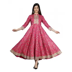 Women's Casual 3/4 Sleeve Printed Rayon Anarkali Gown (Pink)
