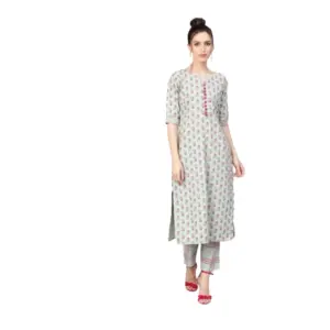 Women's Casual 3/4 Sleeve Printed Rayon Kurti Set (Green)