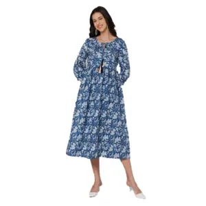 Women's Casual 3/4 Sleeve Printed Poly Creap Anarkali Gown (Blue)