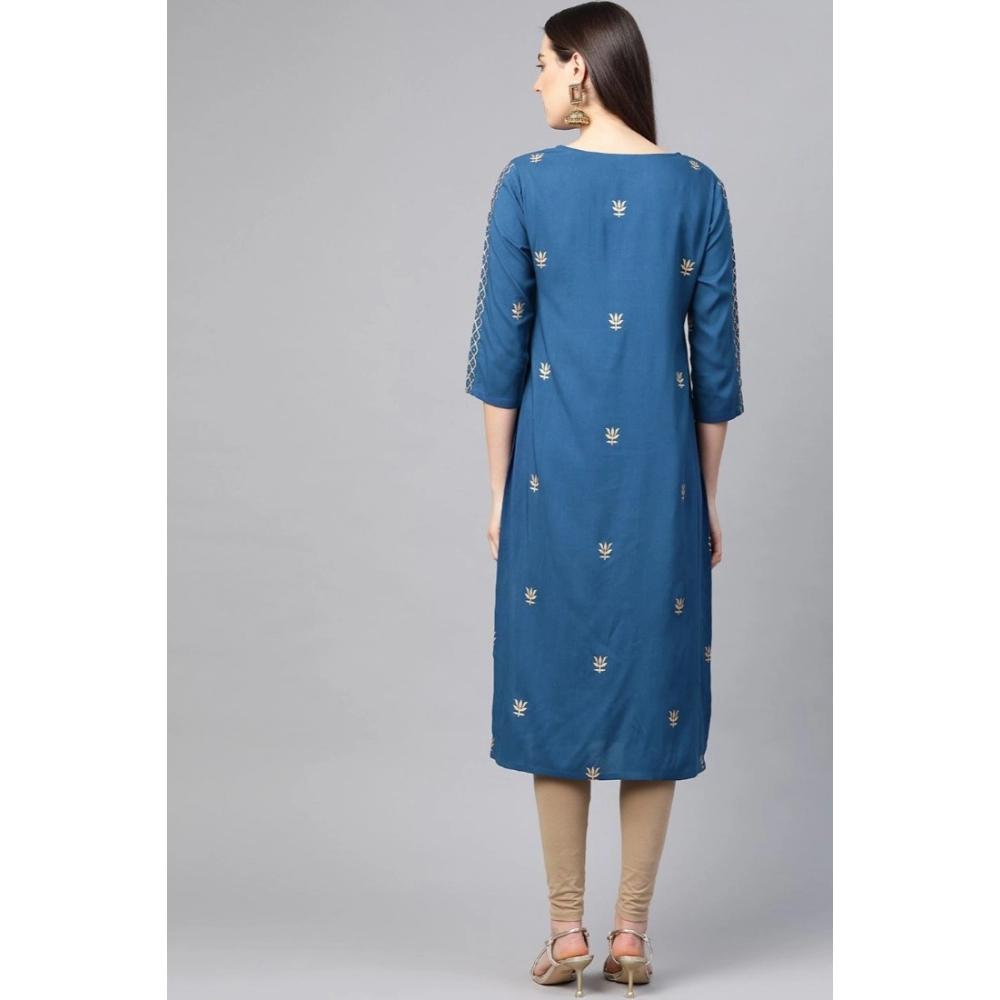 Women's Casual 3/4 th Sleeve Floral Printed Rayon Kurti (Blue) - Image 2