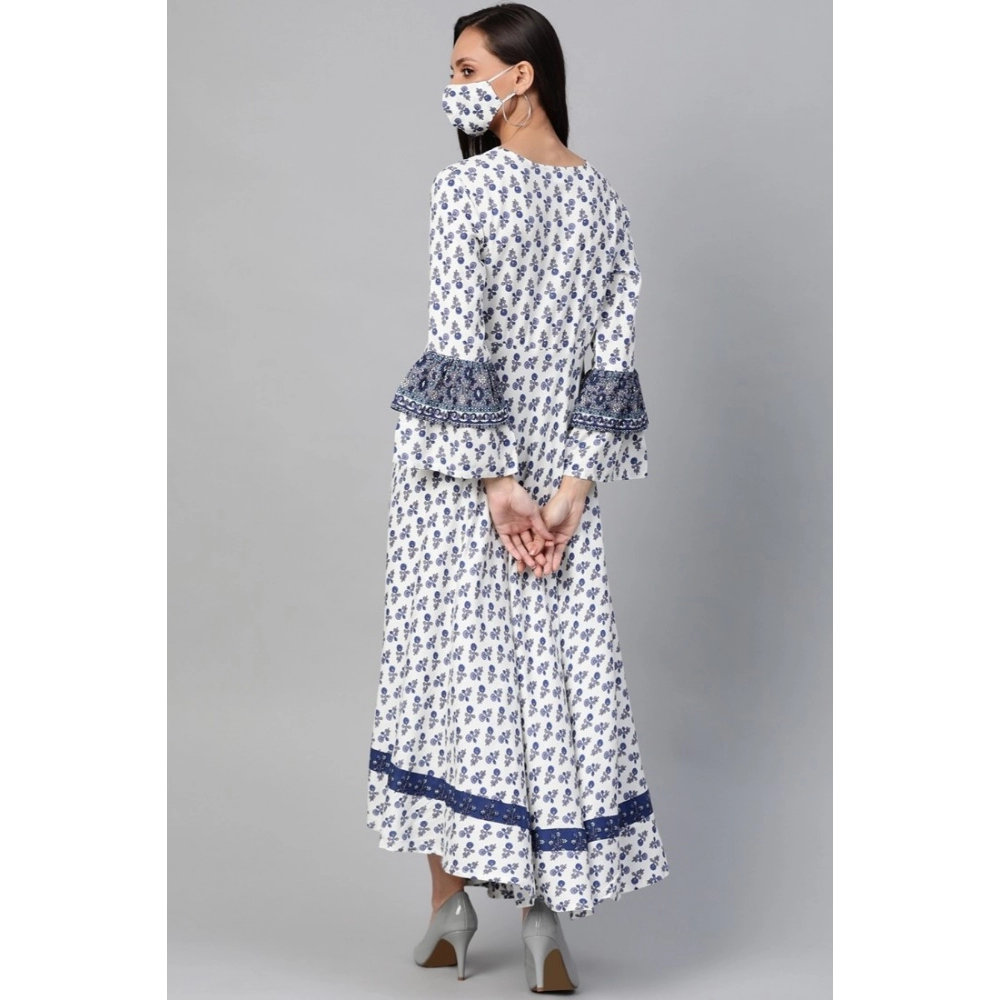 Women's Casual Bell Sleeve Floral Printed Rayon Dress (White & Blue) - Image 2