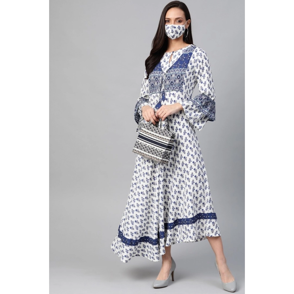 Women's Casual Bell Sleeve Floral Printed Rayon Dress (White & Blue) - Image 3