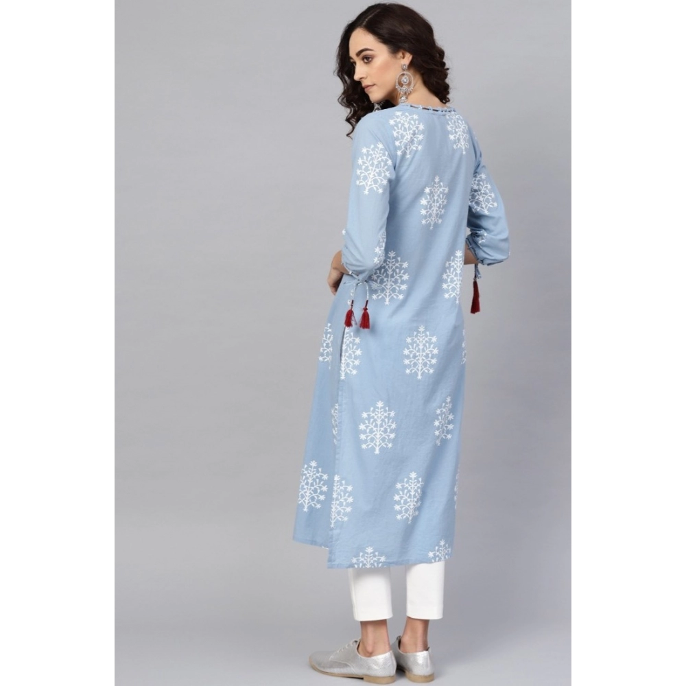 Women's Casual 3/4 th Sleeve Embroidery Cambric Cotton Kurti (Blue) - Image 2
