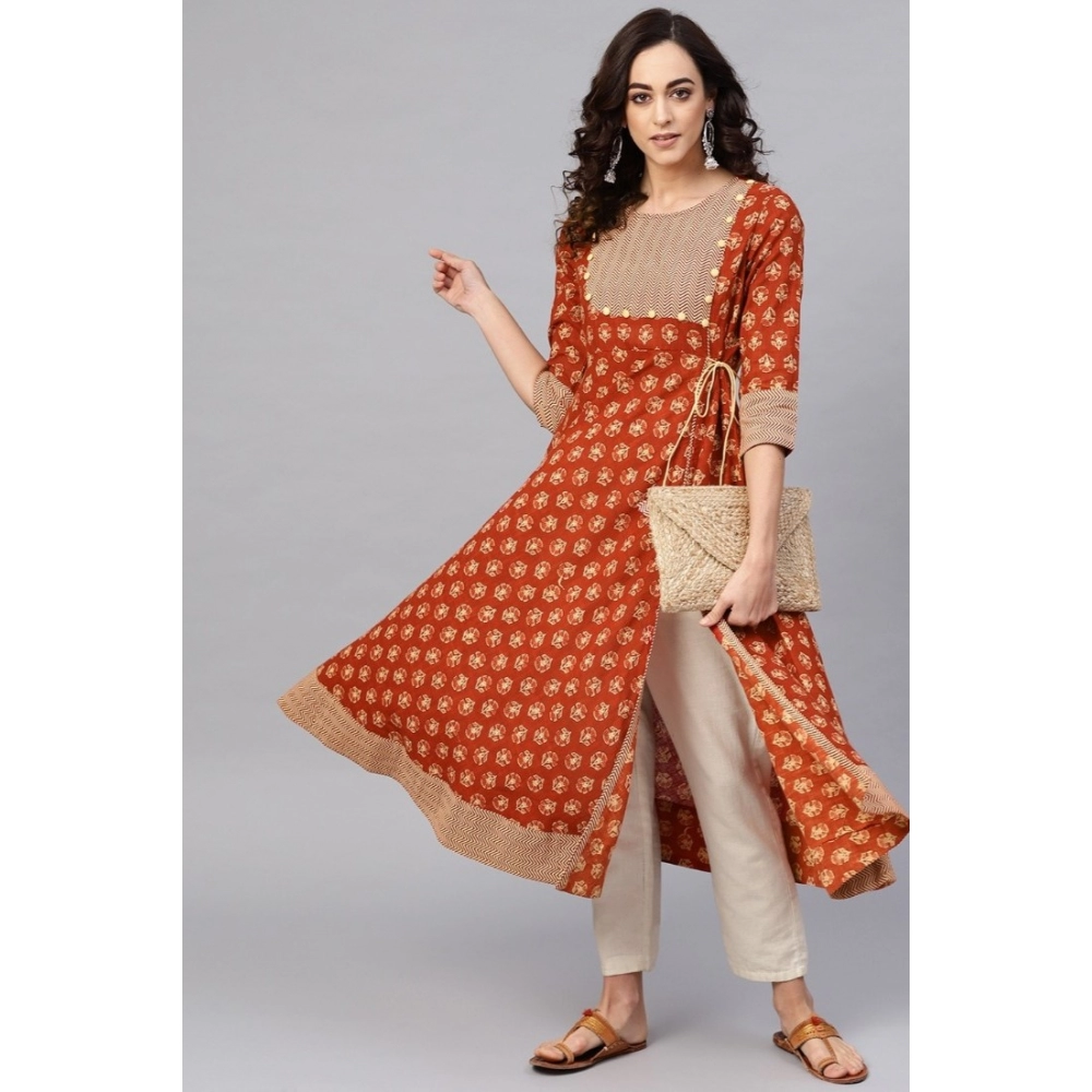 Women's Casual 3/4 th Sleeve Floral Printed Cotton Slub Kurti (Brown) - Image 3