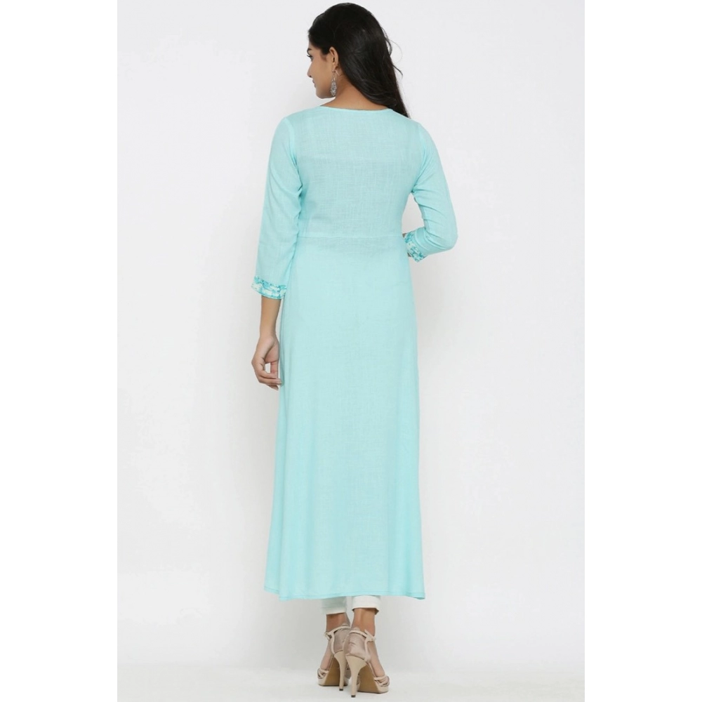 Women's Casual 3/4 th Sleeve Embroidery Rayon Kurti (Sky Blue) - Image 2