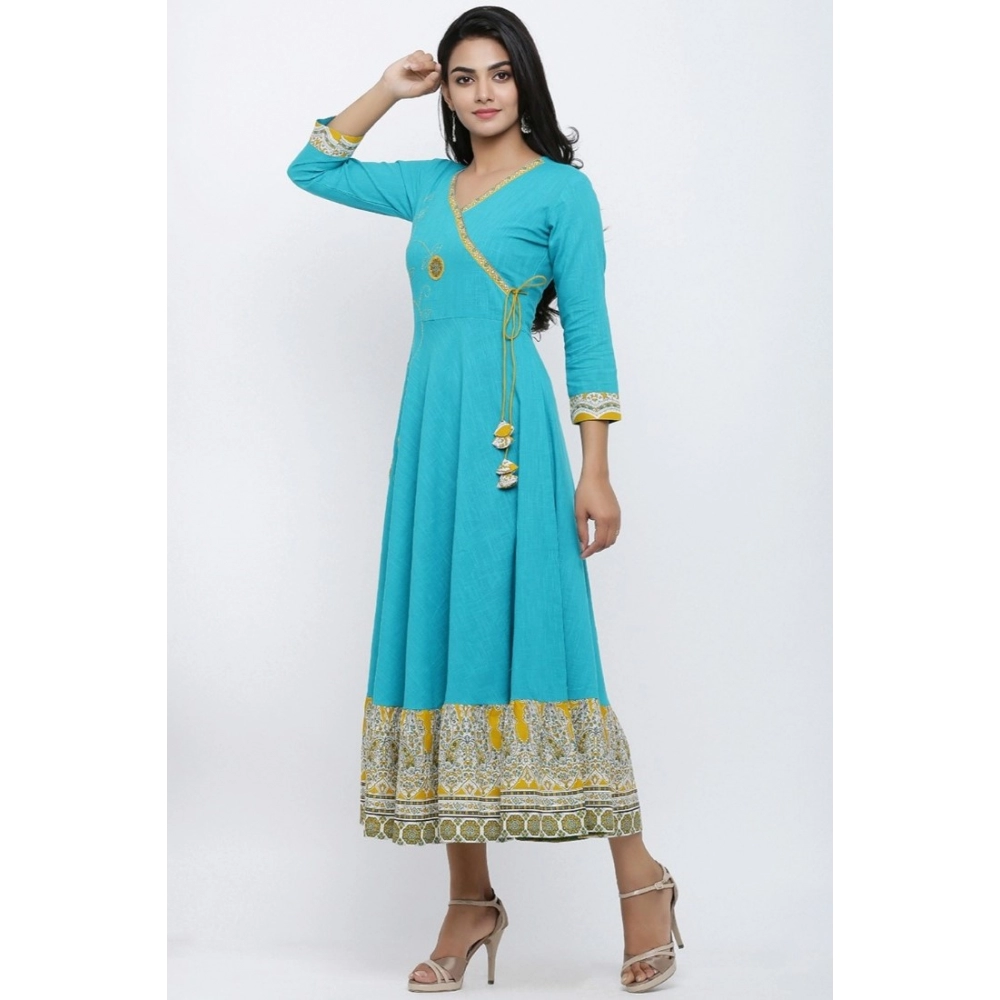 Women's Casual 3/4 th Sleeve Embroidery Cotton Blend Kurti (Torque Green) - Image 5