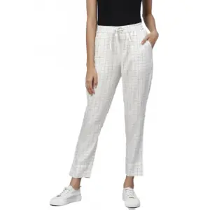 Women's Casual Checked Rayon Trouser Pant (White)