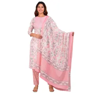 Women's Casual 3/4 th Sleeve Floral Printed Cotton Kurti & Pant With Dupatta (Baby Pink)