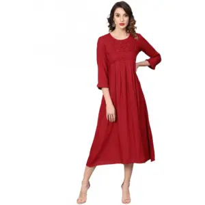 Women's Casual 3/4 th Sleeve Solid Rayon Dobby Dress (Maroon)
