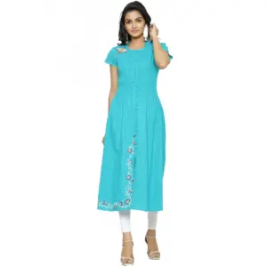 Women's Casual Short Sleeve Embroidery Cotton Slub Kurti (Torque Green)