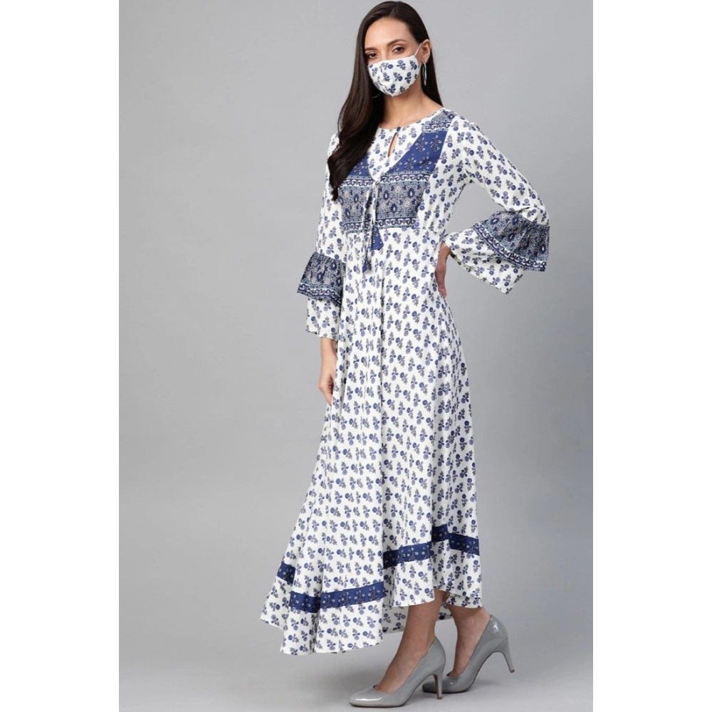 Women's Casual Bell Sleeve Floral Printed Rayon Dress (White & Blue) - Image 5