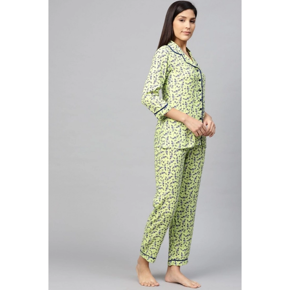 Women's Casual 3/4 Sleeve Floral Printed Rayon Shirt With Pyjama Pant Night Suit Set (Green) - Image 3