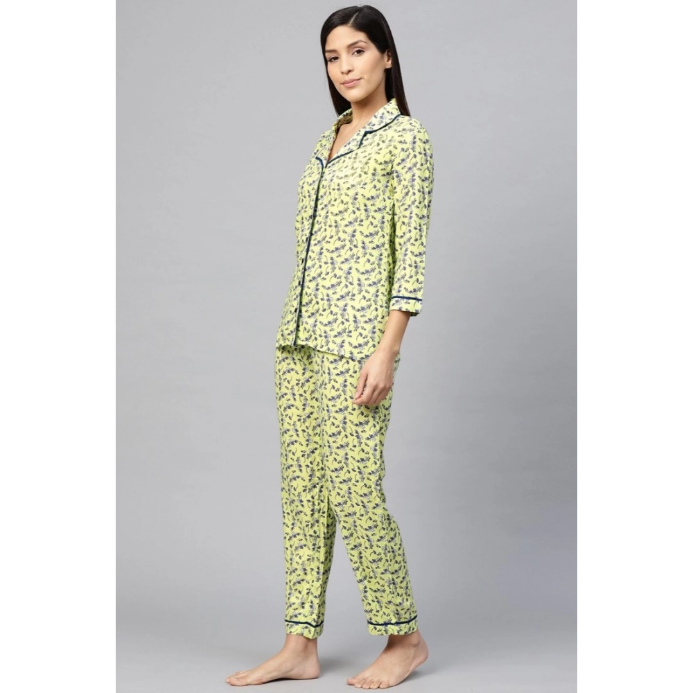 Women's Casual 3/4 Sleeve Floral Printed Rayon Shirt With Pyjama Pant Night Suit Set (Green) - Image 5