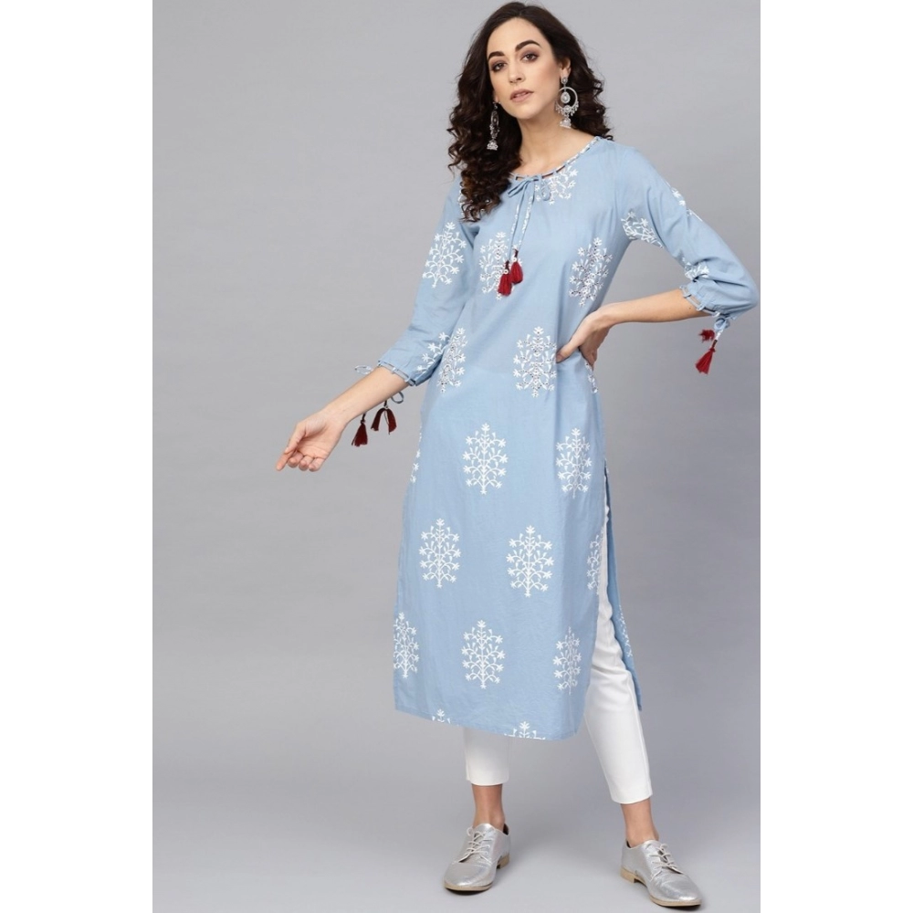 Women's Casual 3/4 th Sleeve Embroidery Cambric Cotton Kurti (Blue) - Image 5