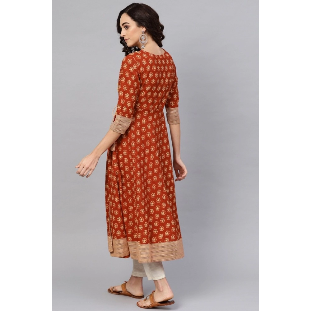 Women's Casual 3/4 th Sleeve Floral Printed Cotton Slub Kurti (Brown) - Image 2