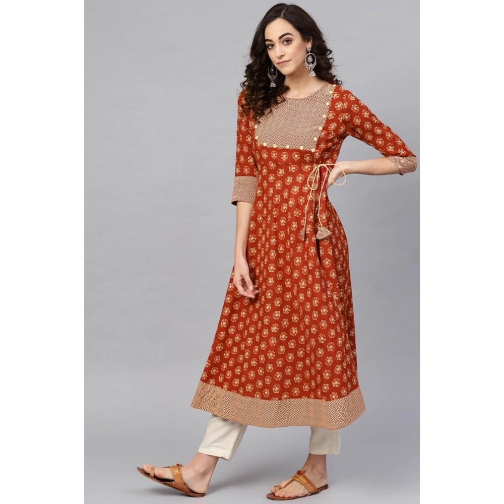 Women's Casual 3/4 th Sleeve Floral Printed Cotton Slub Kurti (Brown) - Image 5