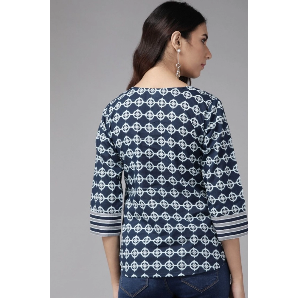 Women's Casual 3/4 th Sleeve Floral Printed Cotton Top (Blue) - Image 2