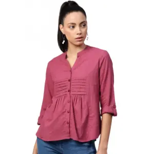 Women's Casual Roll up sleeve Solid Cotton Slub Shirts (Pink)