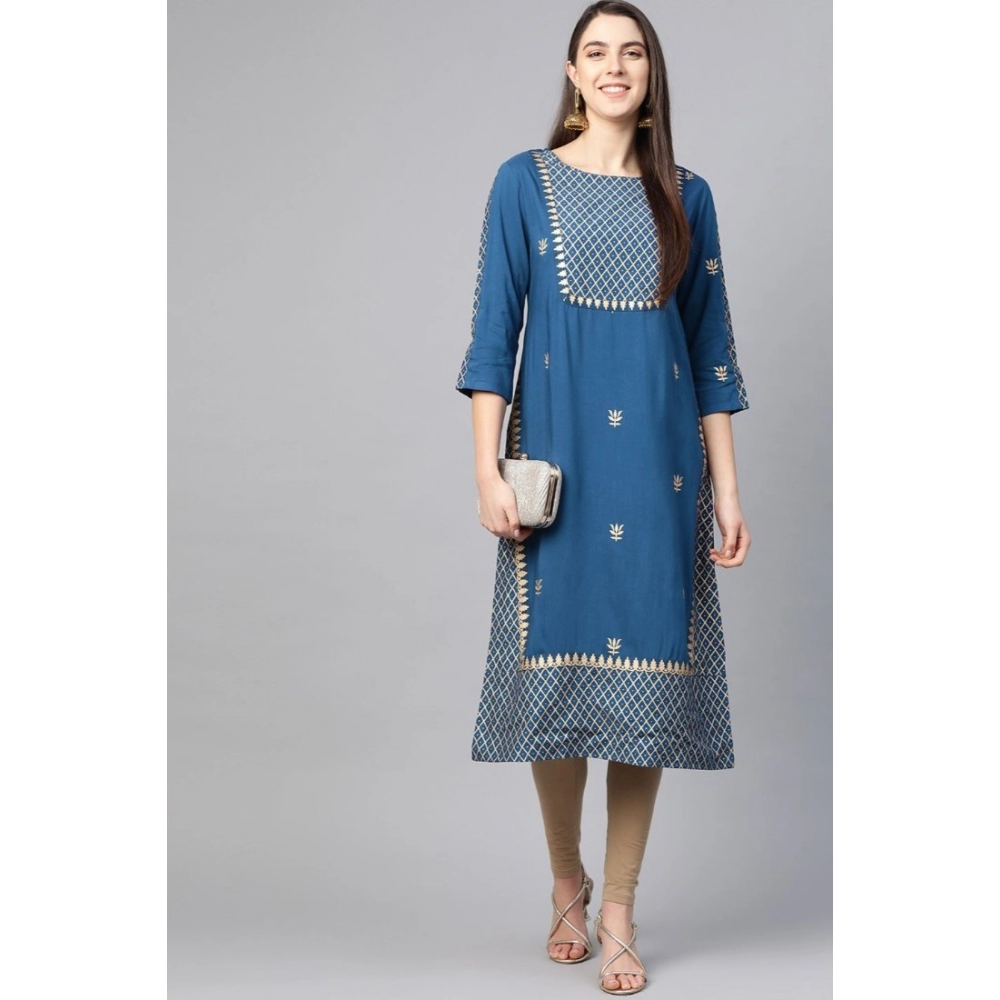 Women's Casual 3/4 th Sleeve Floral Printed Rayon Kurti (Blue) - Image 3