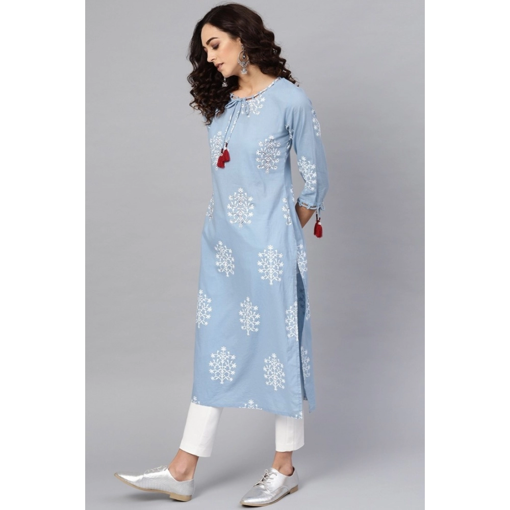 Women's Casual 3/4 th Sleeve Embroidery Cambric Cotton Kurti (Blue) - Image 3