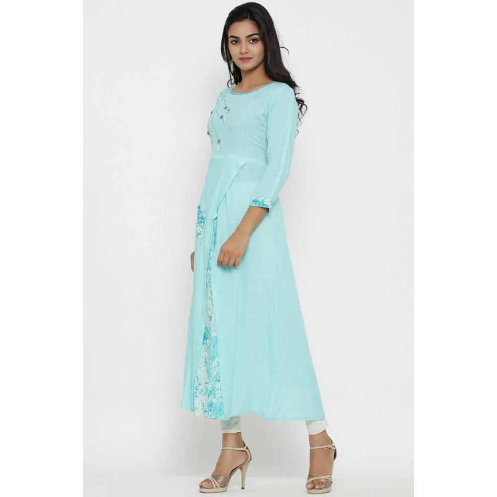 Women's Casual 3/4 th Sleeve Embroidery Rayon Kurti (Sky Blue) - Image 5