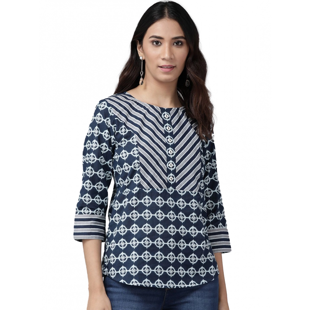 Women's Casual 3/4 th Sleeve Floral Printed Cotton Top (Blue)