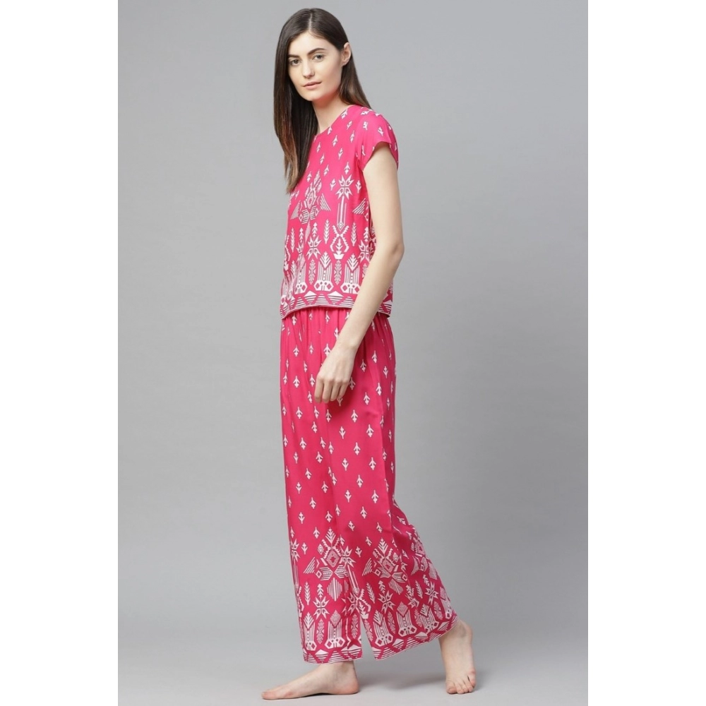 Women's Casual Short Sleeve Printed Rayon Pajama Set (Pink) - Image 5