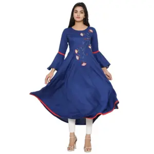 Women's Casual Bell Sleeves Embroidery Rayon Kurti (Blue)