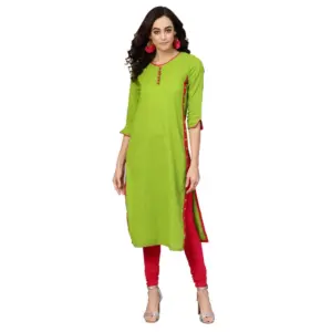 Women's Casual 3/4 th Sleeve Mirror Work Cotton Slub Kurti (Green)