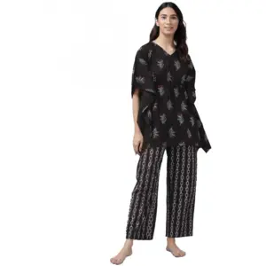 Women's Casual Kimono Sleeve Floral Printed Cotton Pyjama Set (Black)